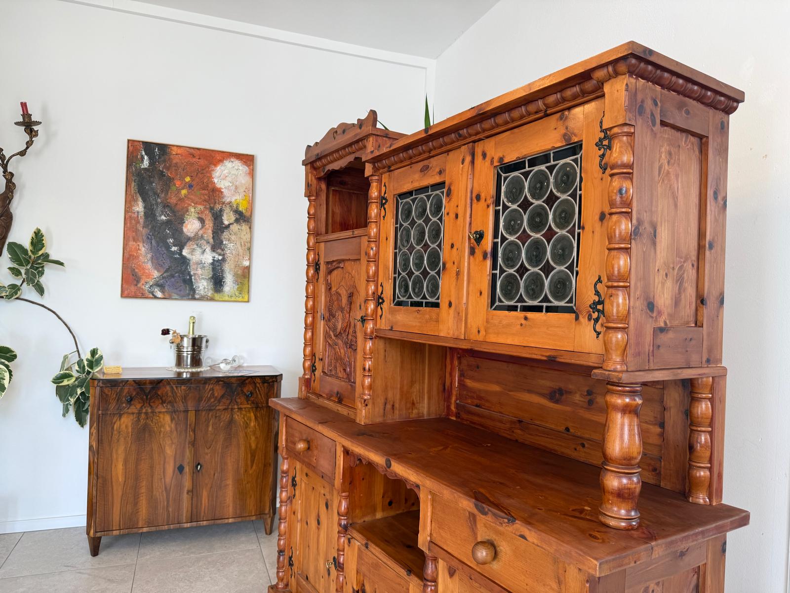 Historismus Kredenz Aufsatzschrank Buffet Tiffany Verglasung G1990