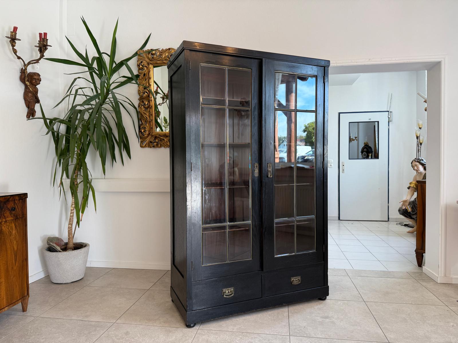 Original Jugendstil Vitrine Bücherschrank Vitrinenschrank Schwarz Antik G2059