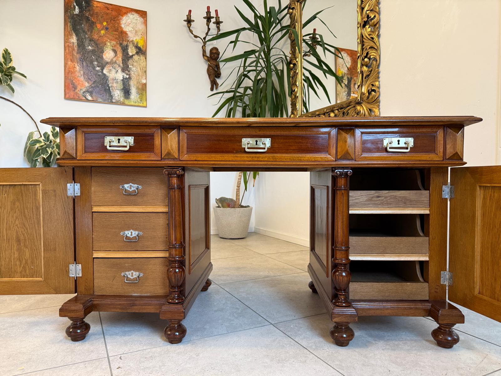 Restaurierter Original Gründerzeit Säulen Schreibtisch Sekretär Eichenholz G2240