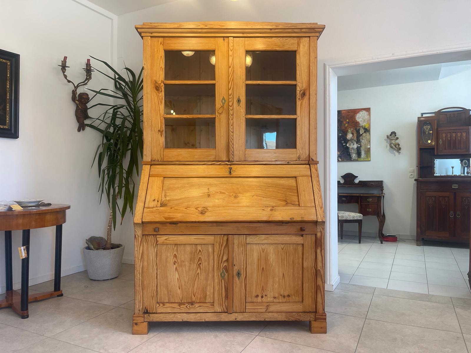 Bäuerlicher Barock Standsekretär Schreibtisch Glasschrank Sekretär Naturholz G1280