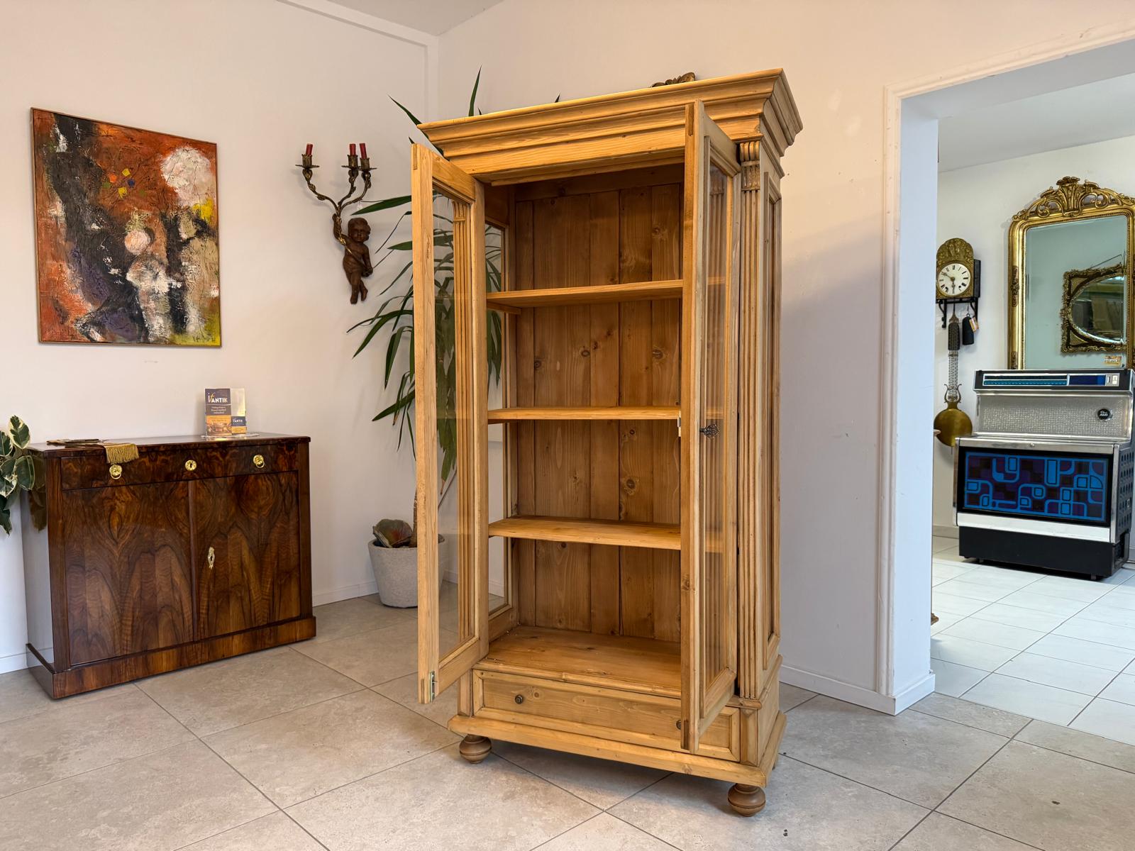 Antike Bauernvitrine Vitrine Naturholz Bücherschrank Alte Bauernmöbel D1125