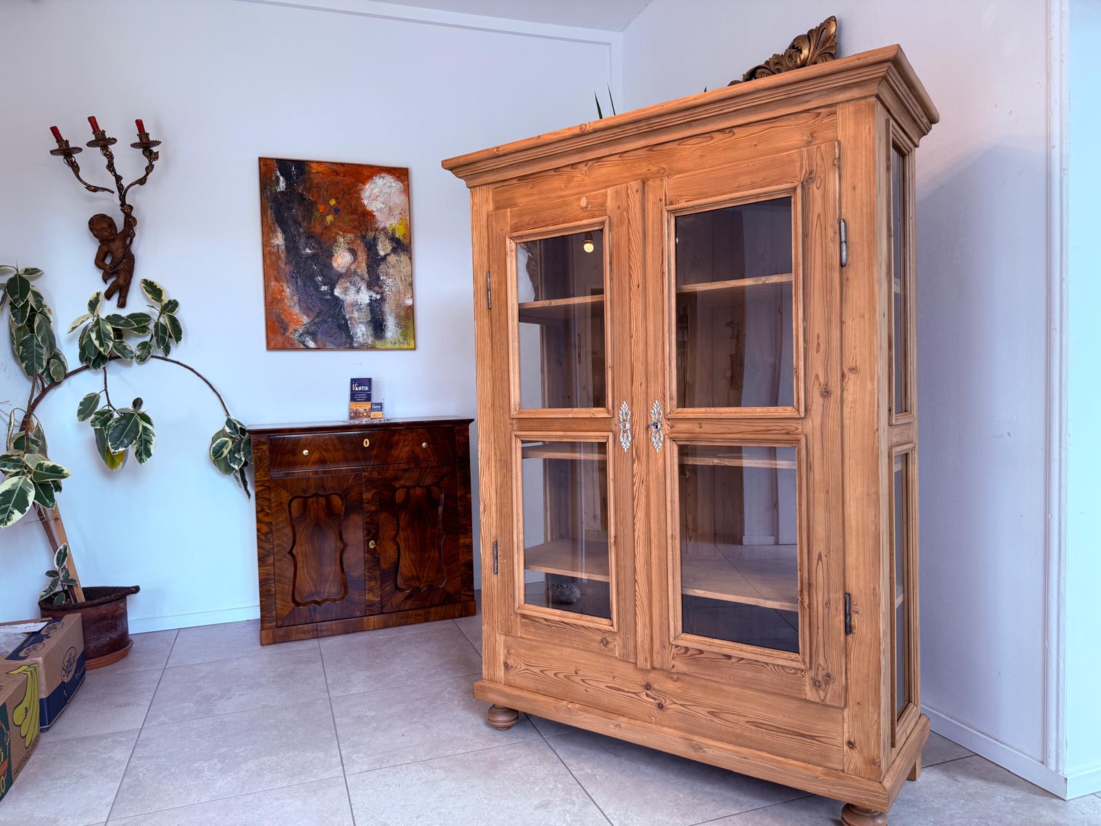 Antike Bauernvitrine Vitrine Naturholz Bücherschrank Alte Bauernmöbel D2466
