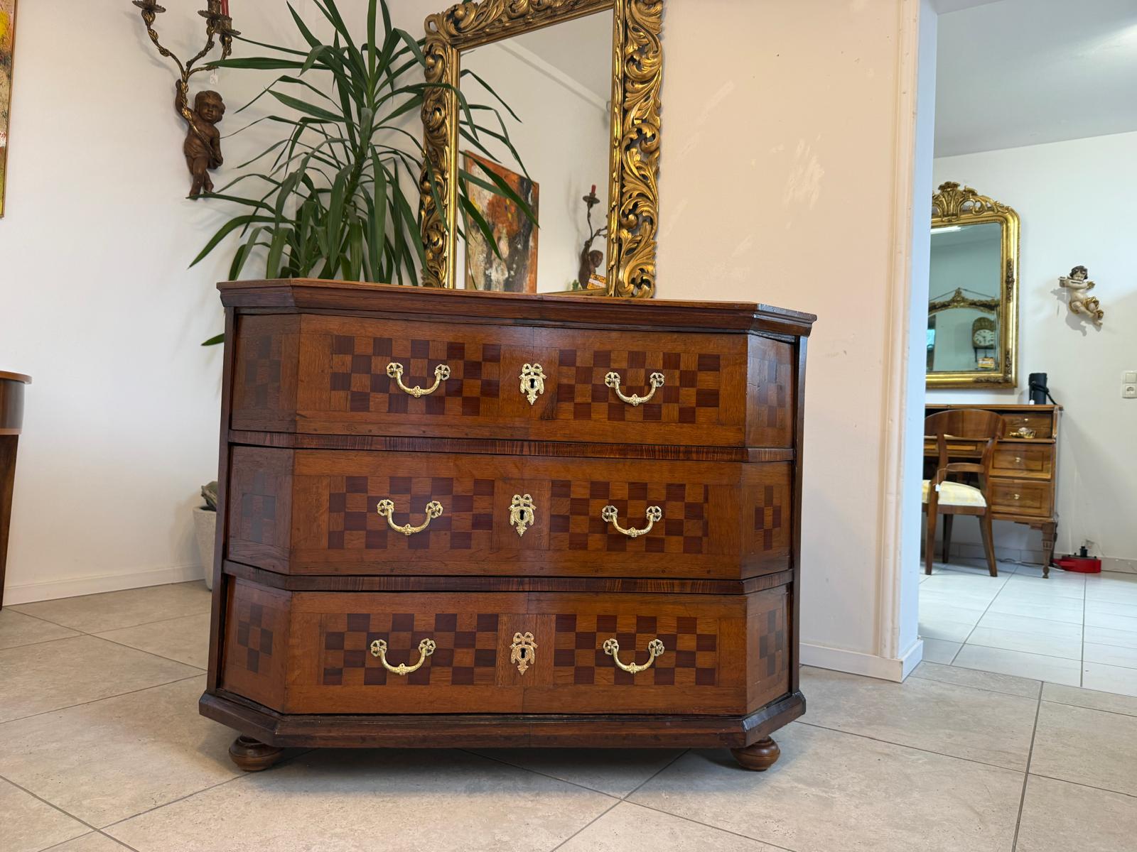 Barock Kommode Eichenholz 1820 Obstholz Marketerien Antiquität Eichenholz  G2368