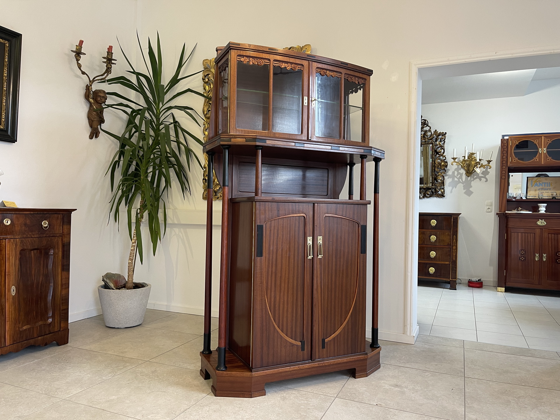 Jugendstil-54 Jugendstil Vitrine / Bücherschrank Antik aus Eichenholz - B2068