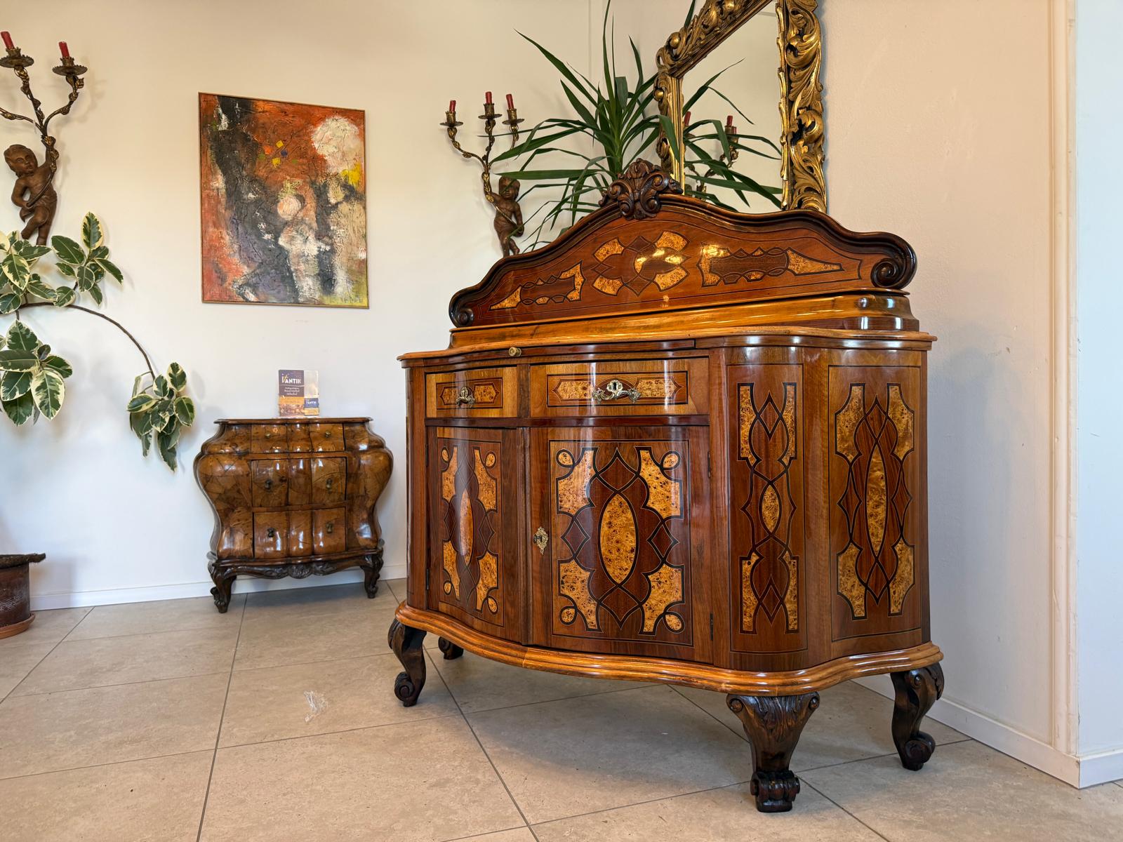 Restaurierte Marketierte Barock Anrichte Original Nussfurniert Antiquität D1172