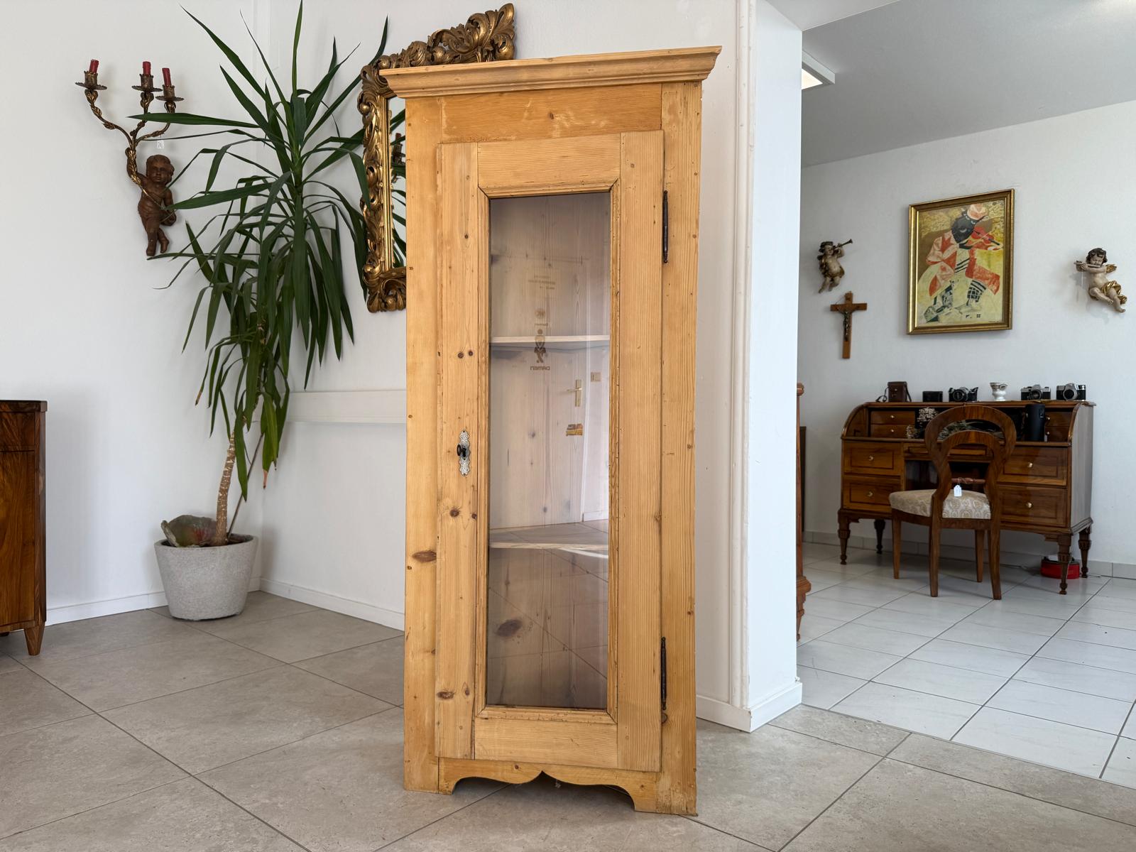 Bäuerlicher Eckschrank Eckvitrine Naturholz G2064