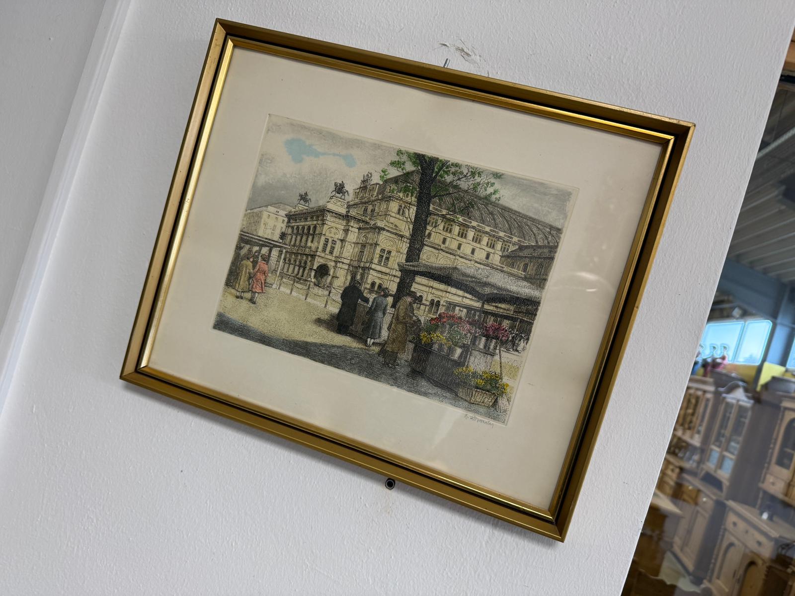 Stimmungsvolle Farblithografie mit Wiener Stadtmotiv Wiener Staatsoper D1122