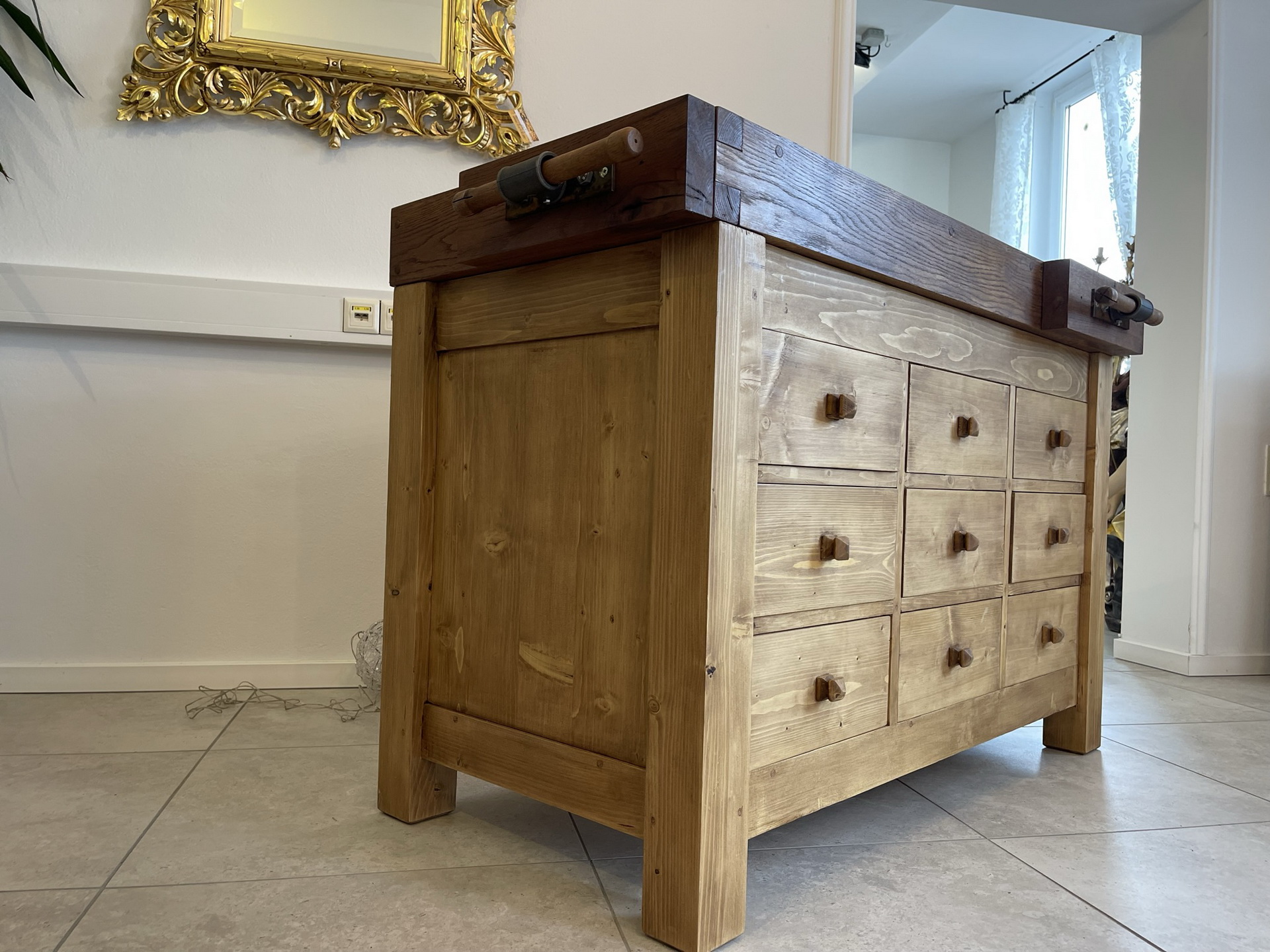 Barock-Empire-Biedermeier_38 schmale Hobelbank,Werkbank Ladentisch i1965