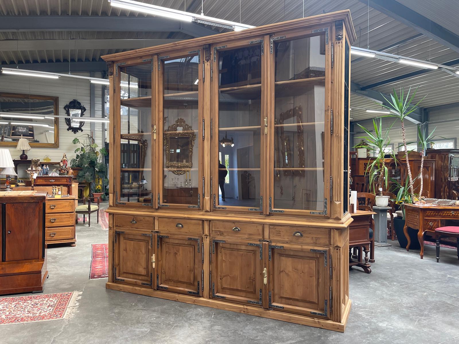 Antiker Bäuerlicher Bücherschrank Große französische Bibliotheksvitrine Glasschrank G1367