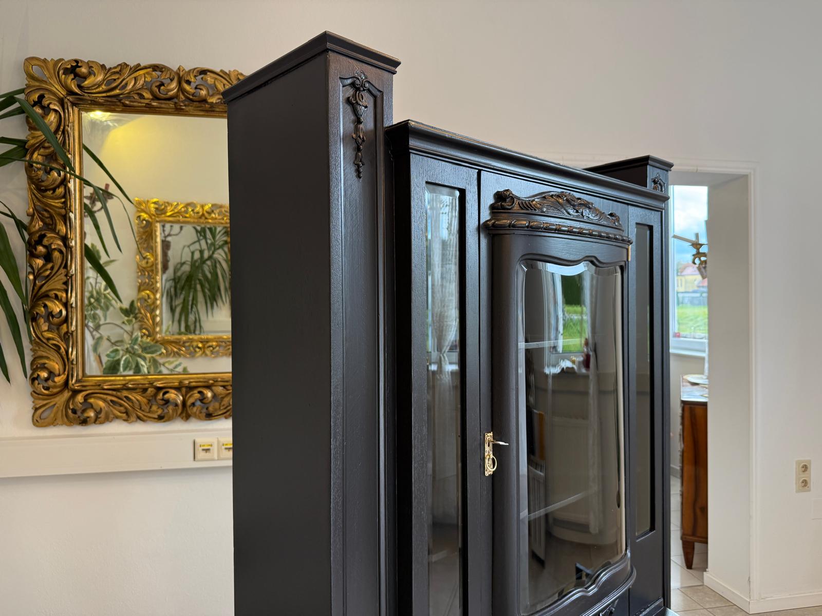 Restauriertes Jugendstil Aufsatzbuffet Bücherschrank Schwarz Antik G2172-1