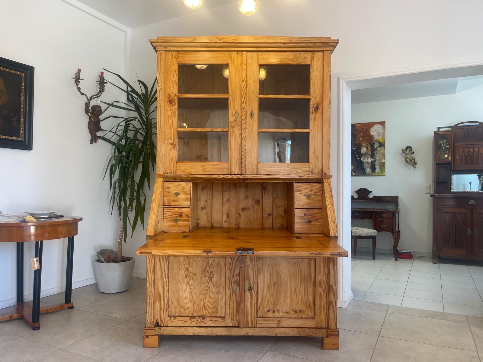 Bäuerlicher Barock Standsekretär Schreibtisch Glasschrank Sekretär Naturholz G1280