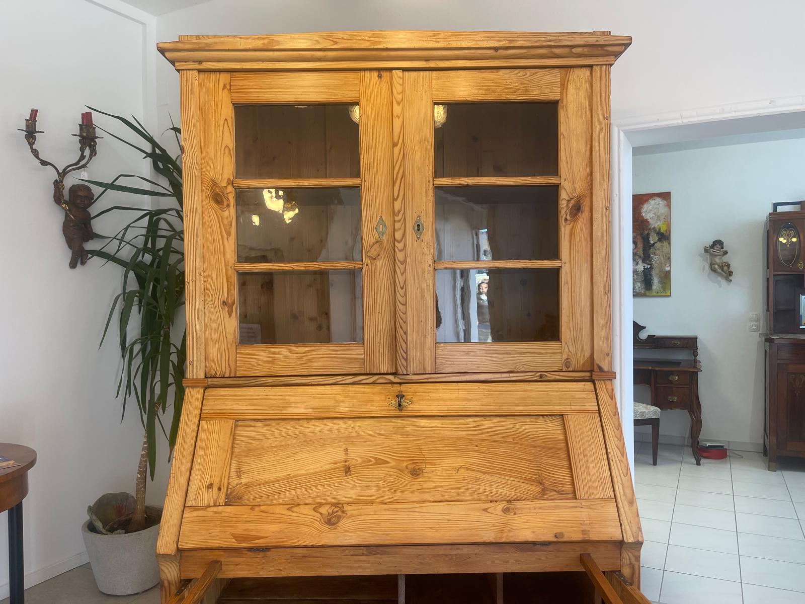 Bäuerlicher Barock Standsekretär Schreibtisch Glasschrank Sekretär Naturholz G1280
