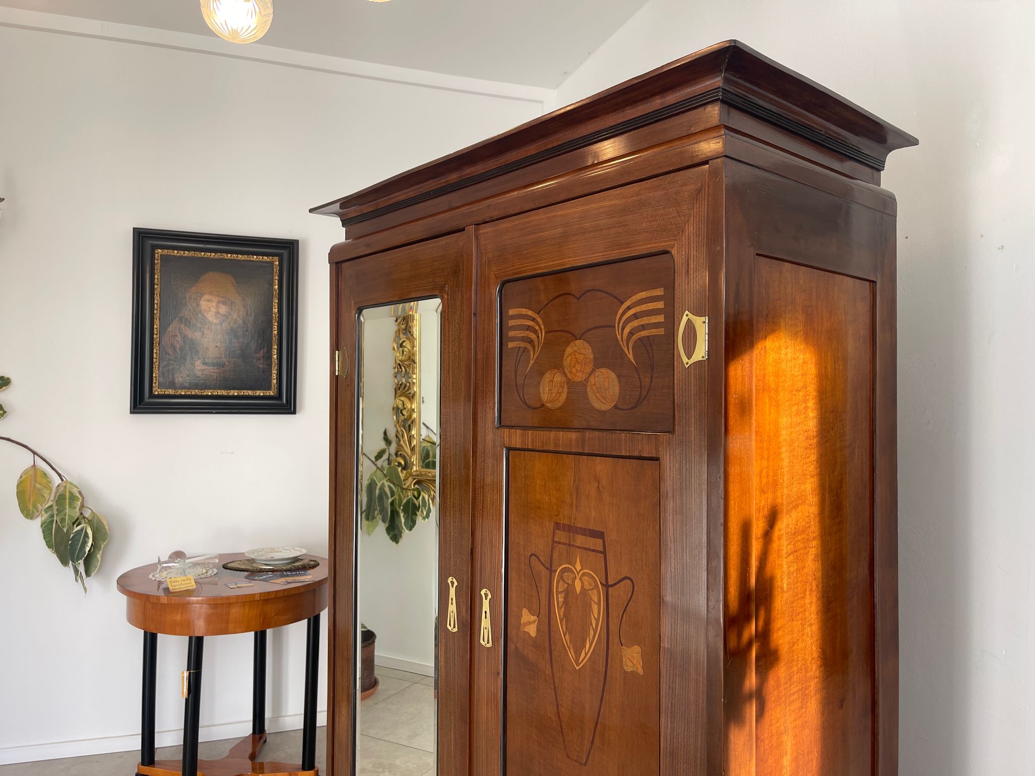 Traum Jugendstil Bücherschrank Spiegelschrank Marketiert Antiquität G1295