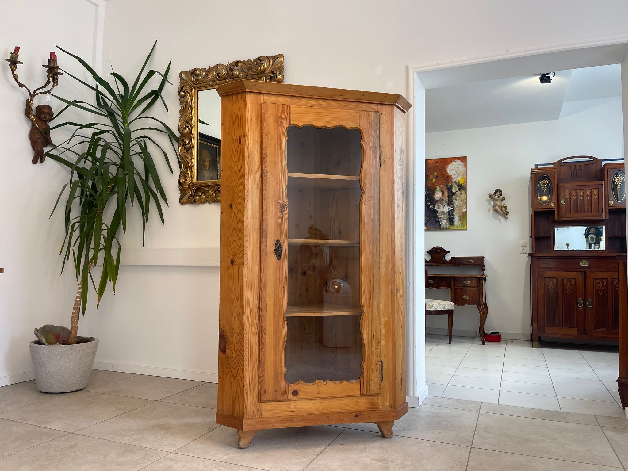 Bäuerlicher Eckschrank Eckvitrine Naturholz G1296-1
