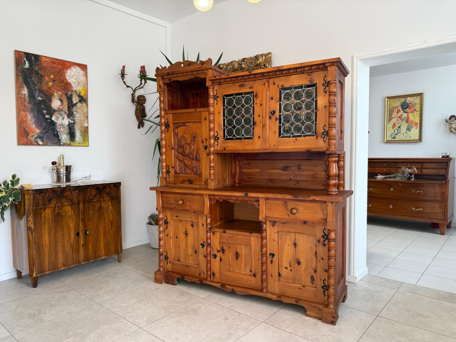 Historismus Kredenz Aufsatzschrank Buffet Tiffany Verglasung G1990