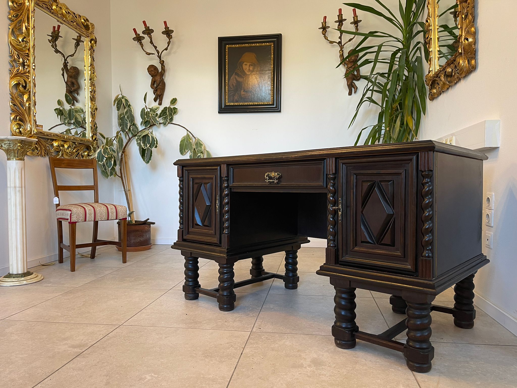 Jugendstil Schreibtisch Sekretär Freisteher Schwarz A5489