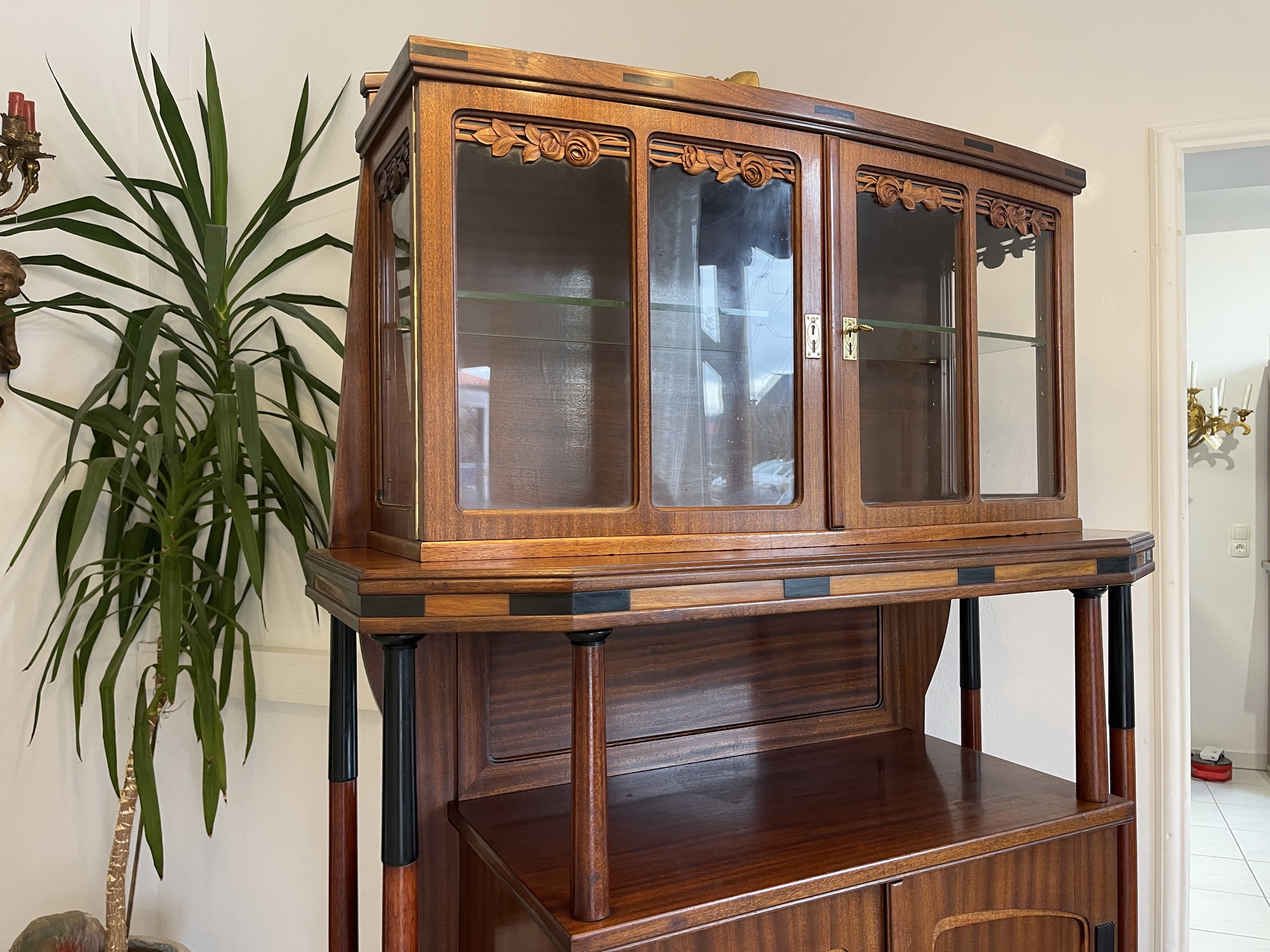 Jugendstil-63 Jugendstil Vitrine / Bücherschrank Antik aus Eichenholz - B2068