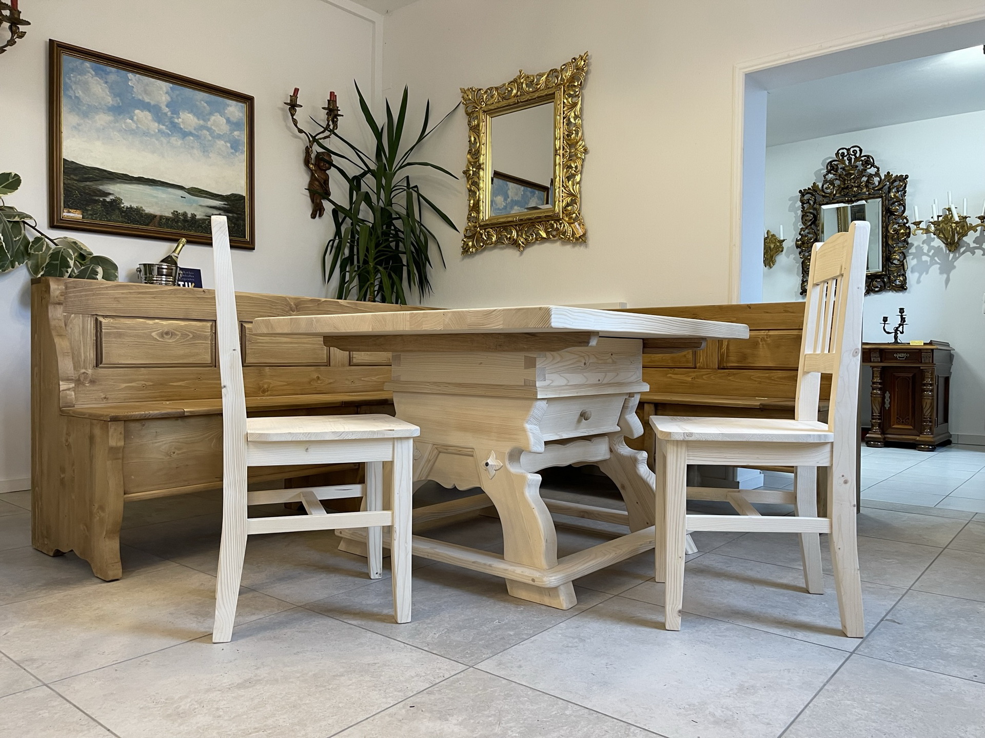 bauernmobel_25 Landhausstil Eckbankgruppe aus Holz mit Jogltisch und 2 Sesseln - Bauernmöbel B1053