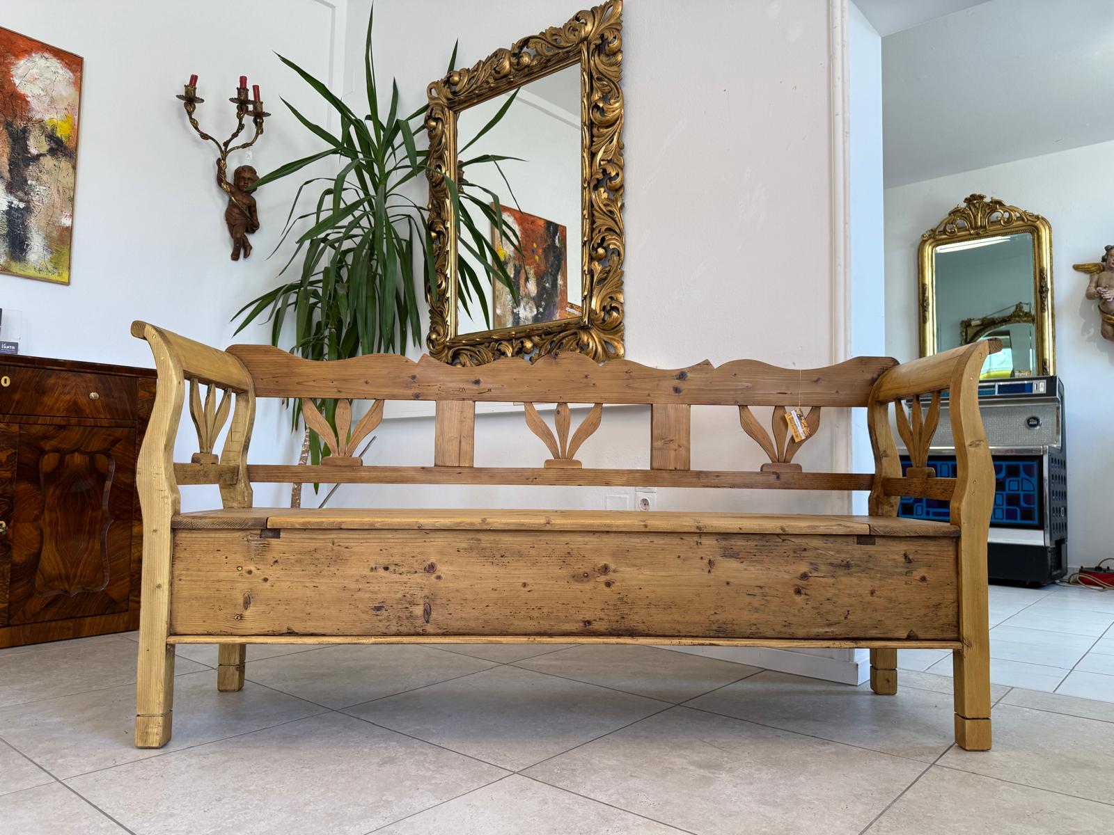 Provinzielle Biedermeier Truhenbank Landhausbank Antik D2413