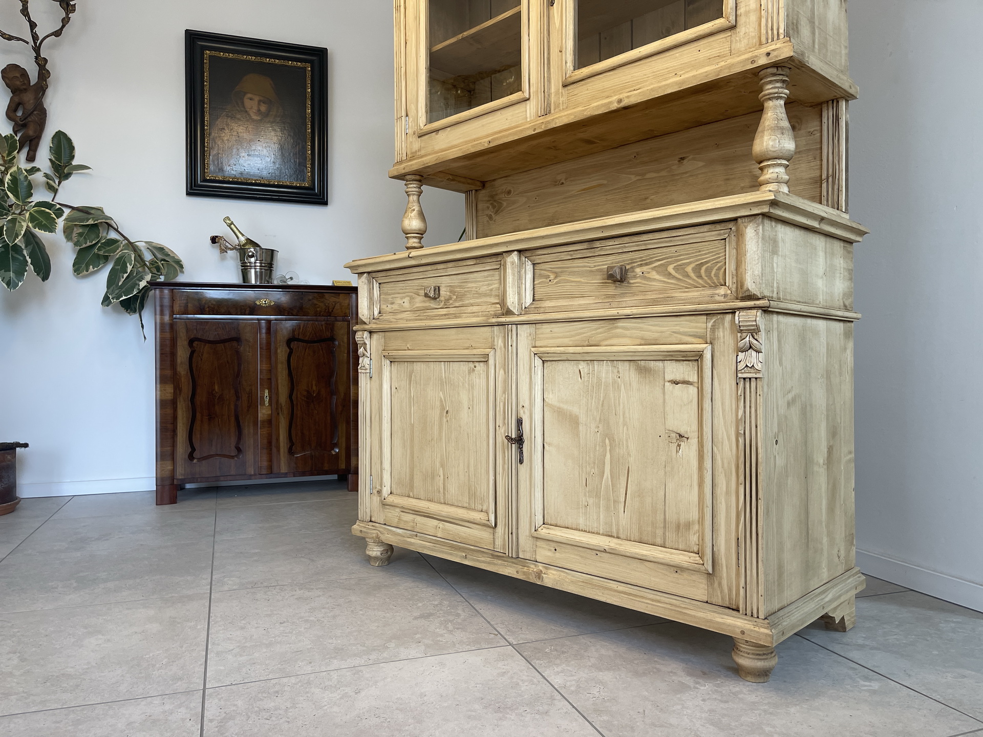 Biedermeier-Barock-03KdxDAG7d6cPGJ Gründerzeit Küchenkredenz Antike Vitrinenschrank aus massivem Fichtenholz A4077