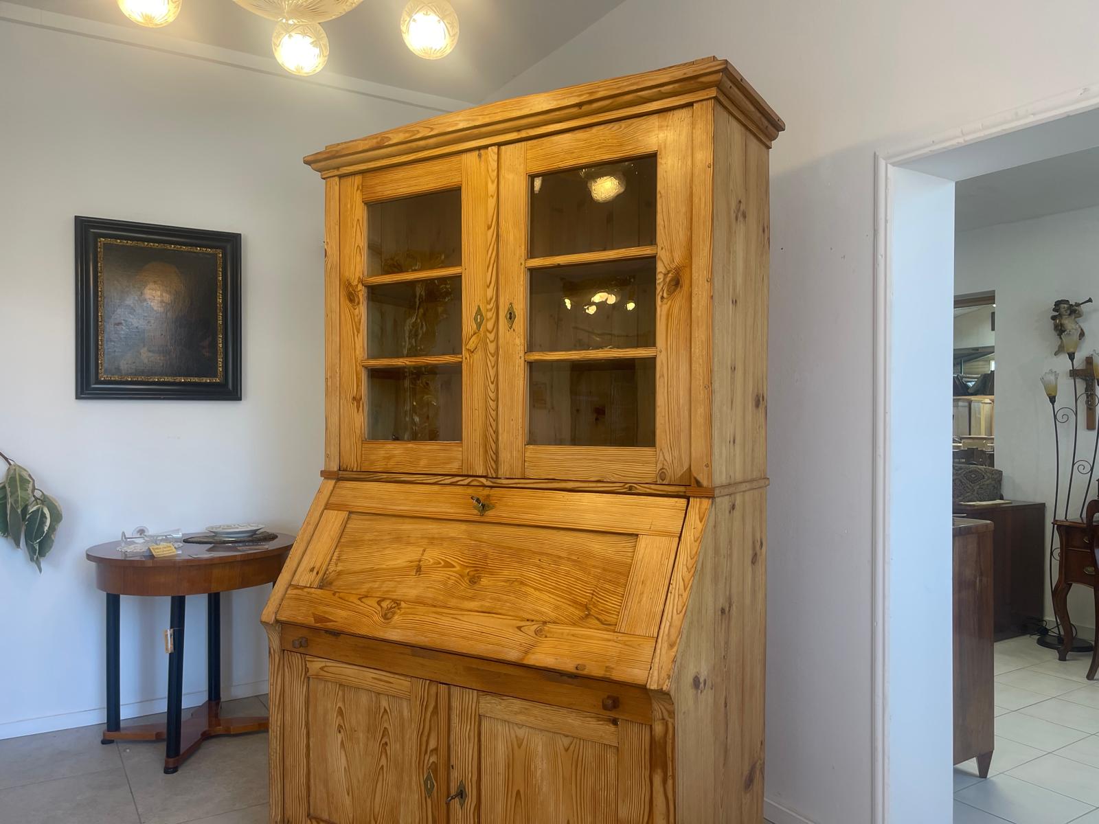 Bäuerlicher Barock Standsekretär Schreibtisch Glasschrank Sekretär Naturholz G1280