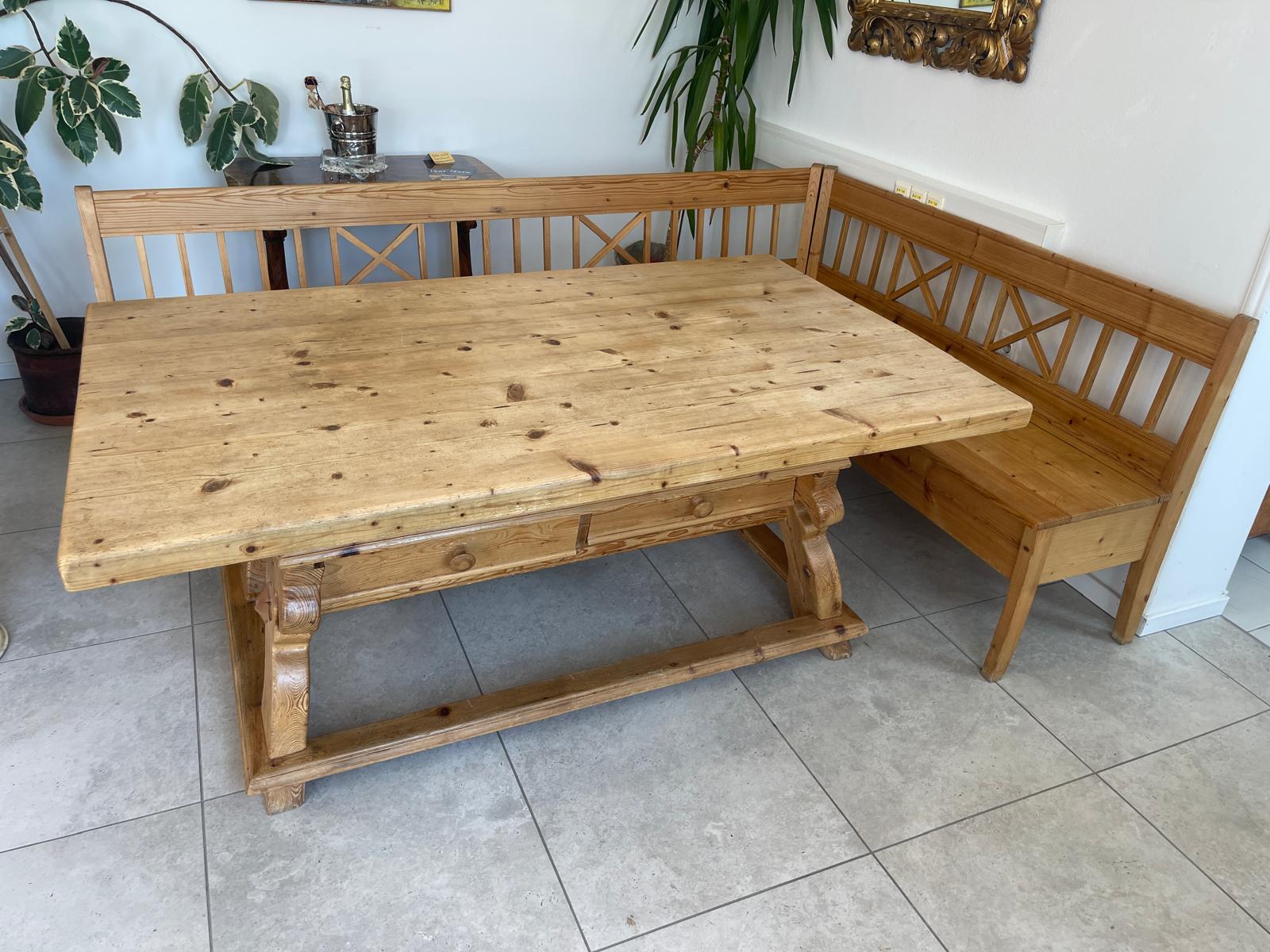 Bäuerliche Bauernsitzgruppe Ensemble Jogltisch Bauernstube Sessel Naturholz Antik G1701-1