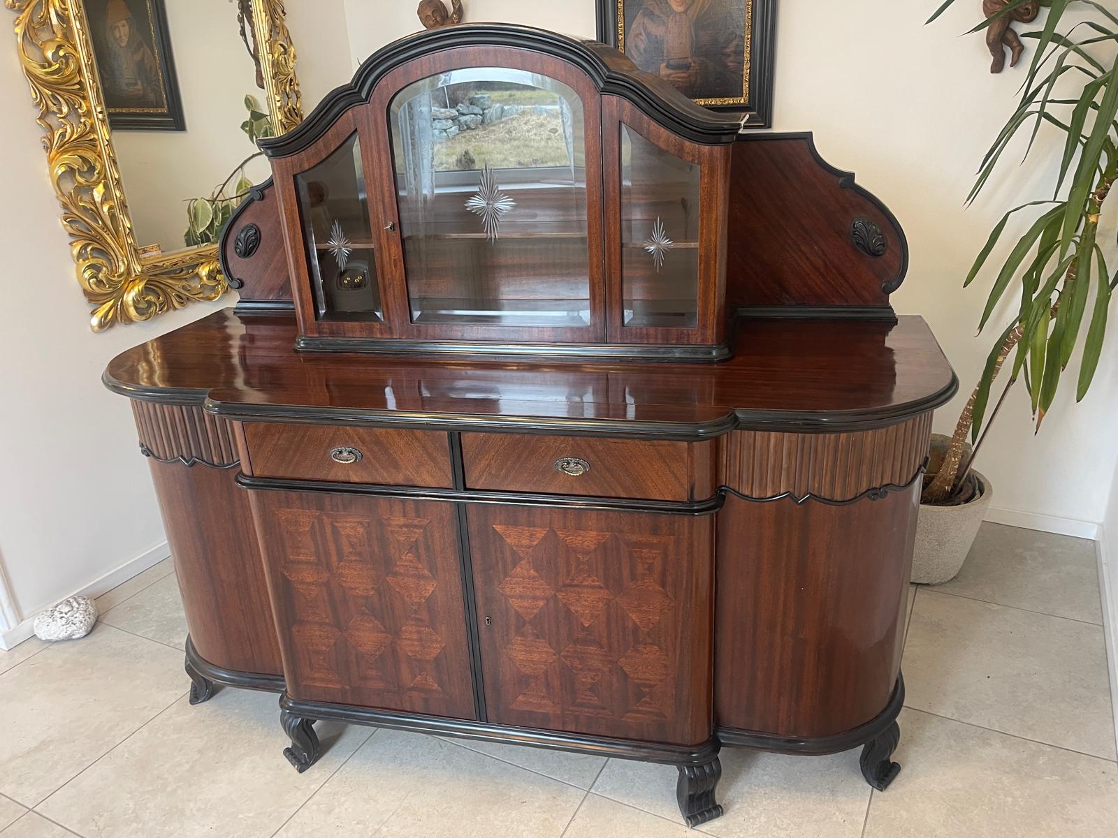 Historismus Glas Vitrine Anrichte Barschrank Sideboard mit Schnitzarbeiten G1142