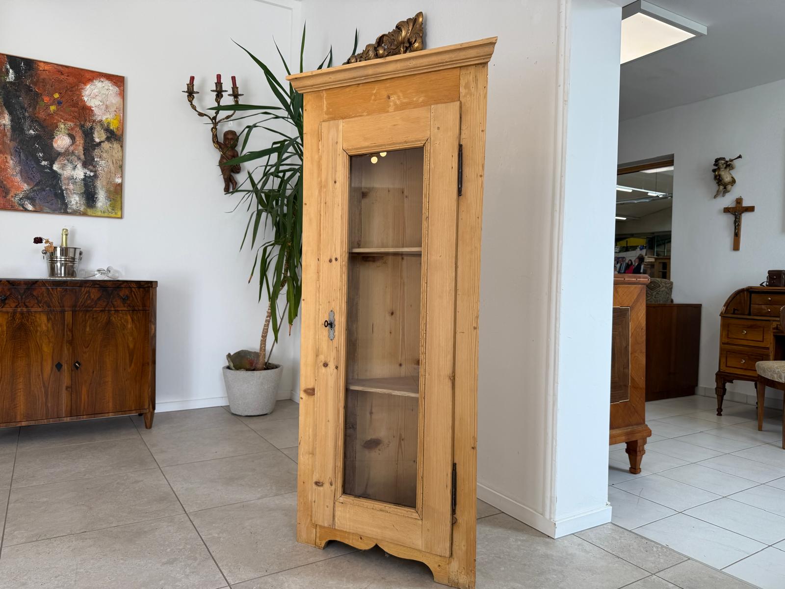 Bäuerlicher Eckschrank Eckvitrine Naturholz G2064