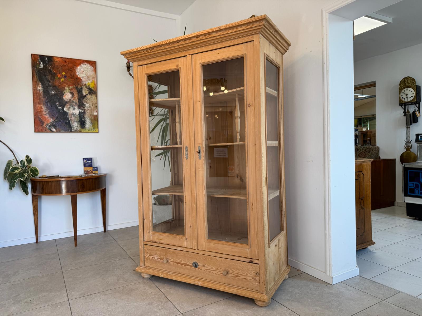 Bäuerliche Jugendstil Vitrine Bauernvitrine Bauernschrank Naturholz Bücherschrank G1049-1