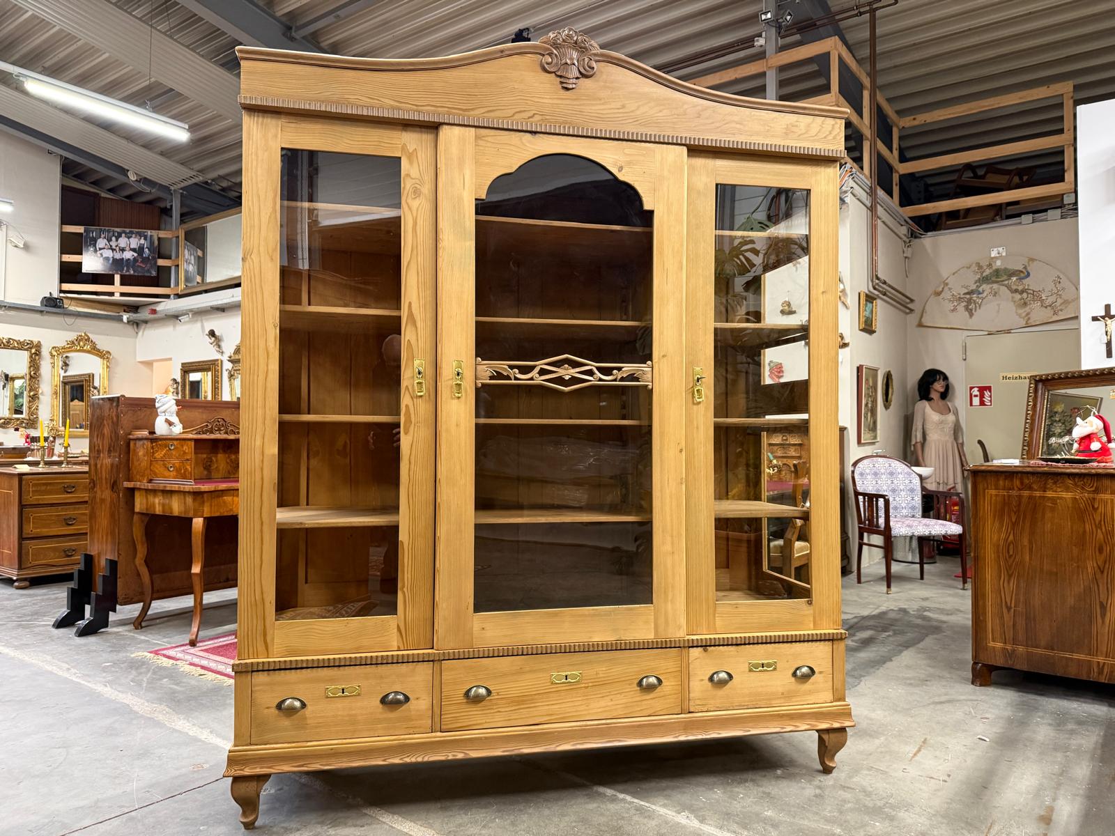 Antiker Bäuerlicher Bücherschrank Große Bibliotheksvitrine Glasschrank G2265