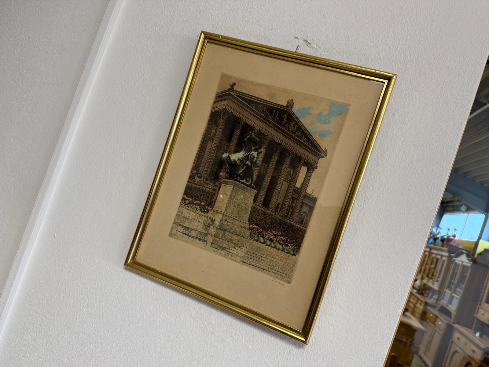 Architektonische Farblithografie mit klassizistischem Motiv Tempelbau D1121