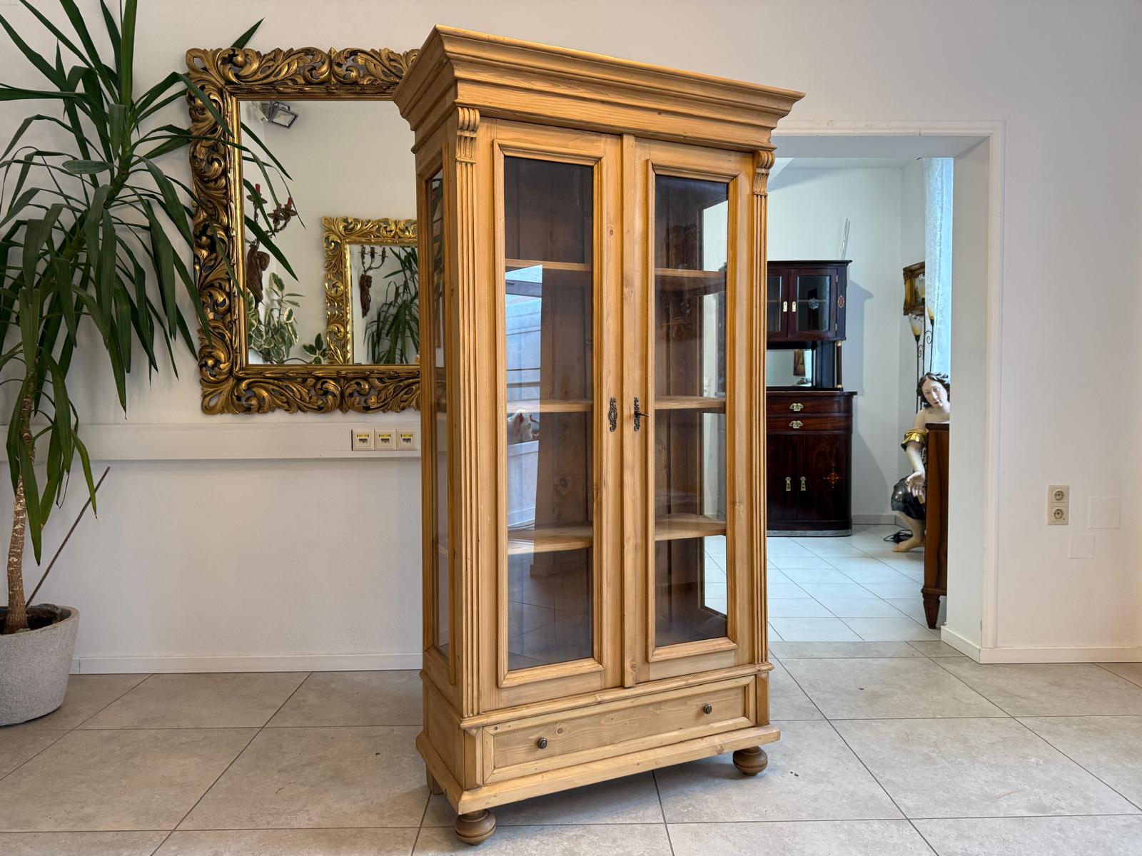 Antike Bauernvitrine Vitrine Naturholz Bücherschrank Alte Bauernmöbel D1125