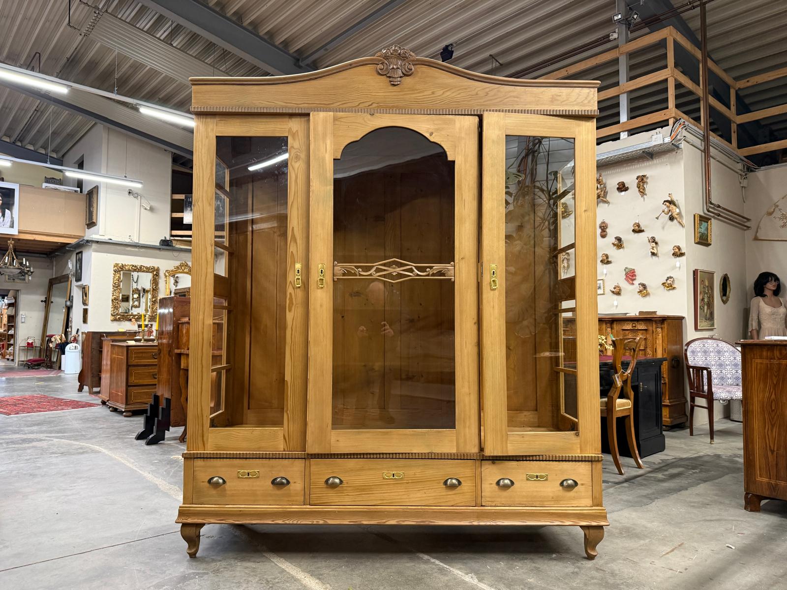 Antiker Bäuerlicher Bücherschrank Große Bibliotheksvitrine Glasschrank G2265