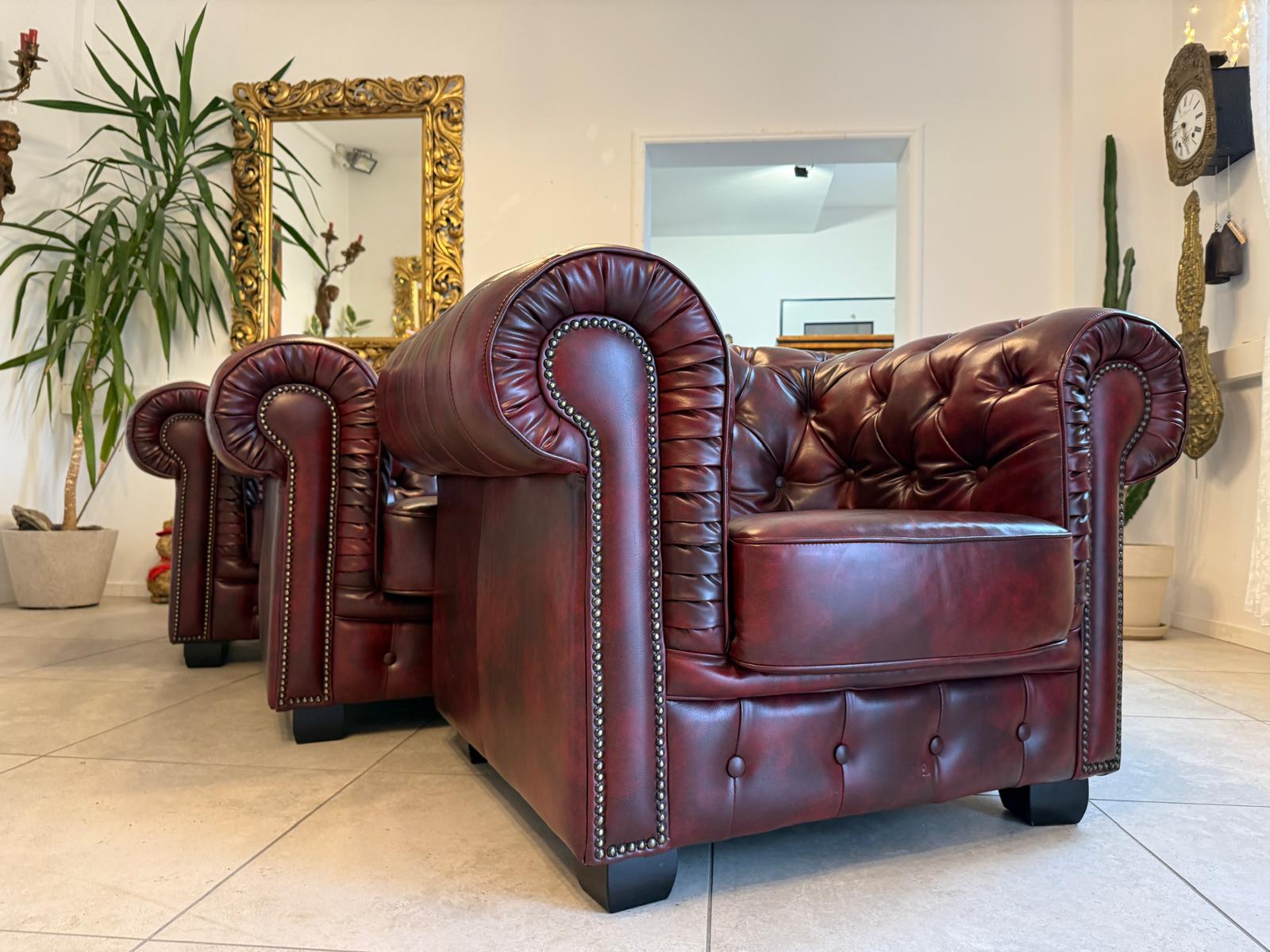 Chesterfield Ensemble 3 teilig Ledersofa Fauteuils Clubmöbel Cultmöbel G2264