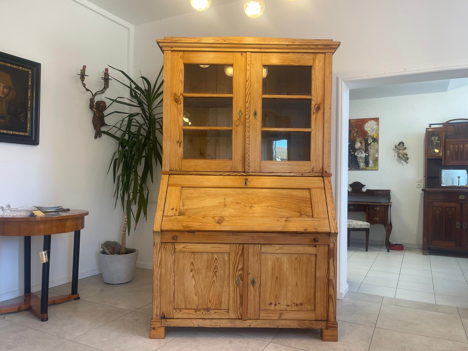 Bäuerlicher Barock Standsekretär Schreibtisch Glasschrank Sekretär Naturholz G1280