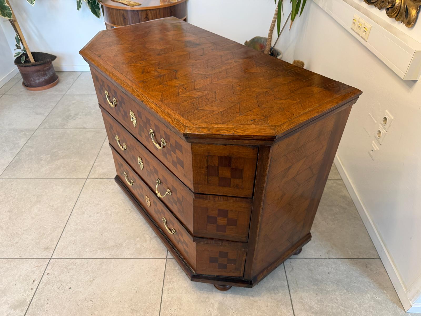 Barock Kommode Eichenholz 1820 Obstholz Marketerien Antiquität Eichenholz  G2368