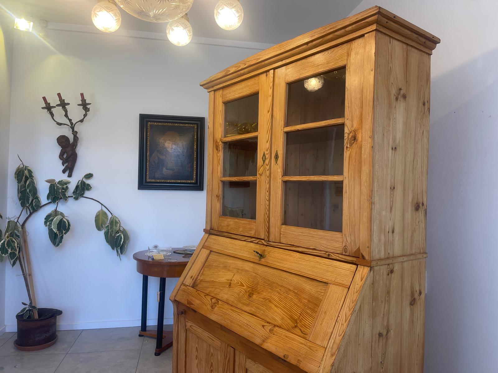 Bäuerlicher Barock Standsekretär Schreibtisch Glasschrank Sekretär Naturholz G1280