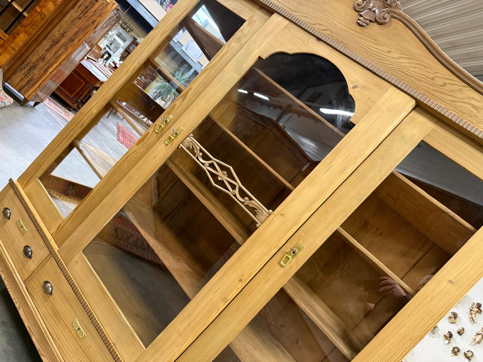 Antiker Bäuerlicher Bücherschrank Große Bibliotheksvitrine Glasschrank G2265