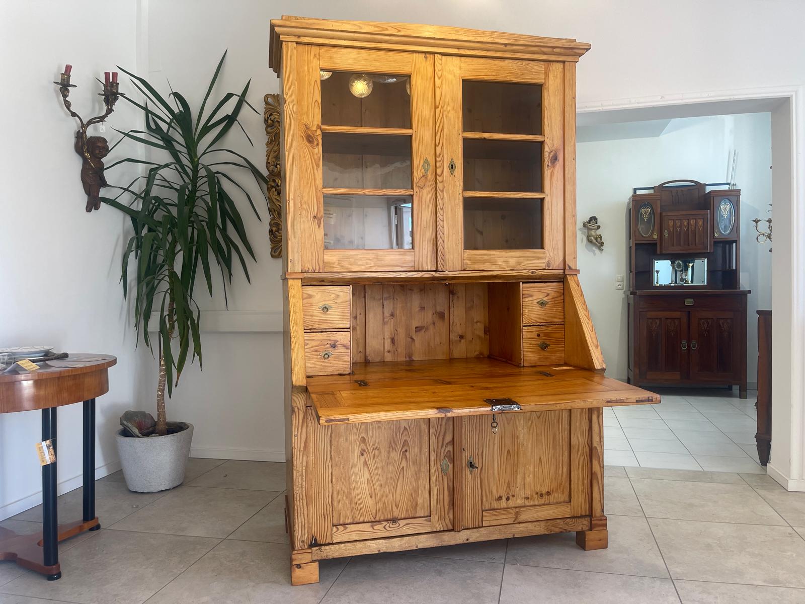 Bäuerlicher Barock Standsekretär Schreibtisch Glasschrank Sekretär Naturholz G1280
