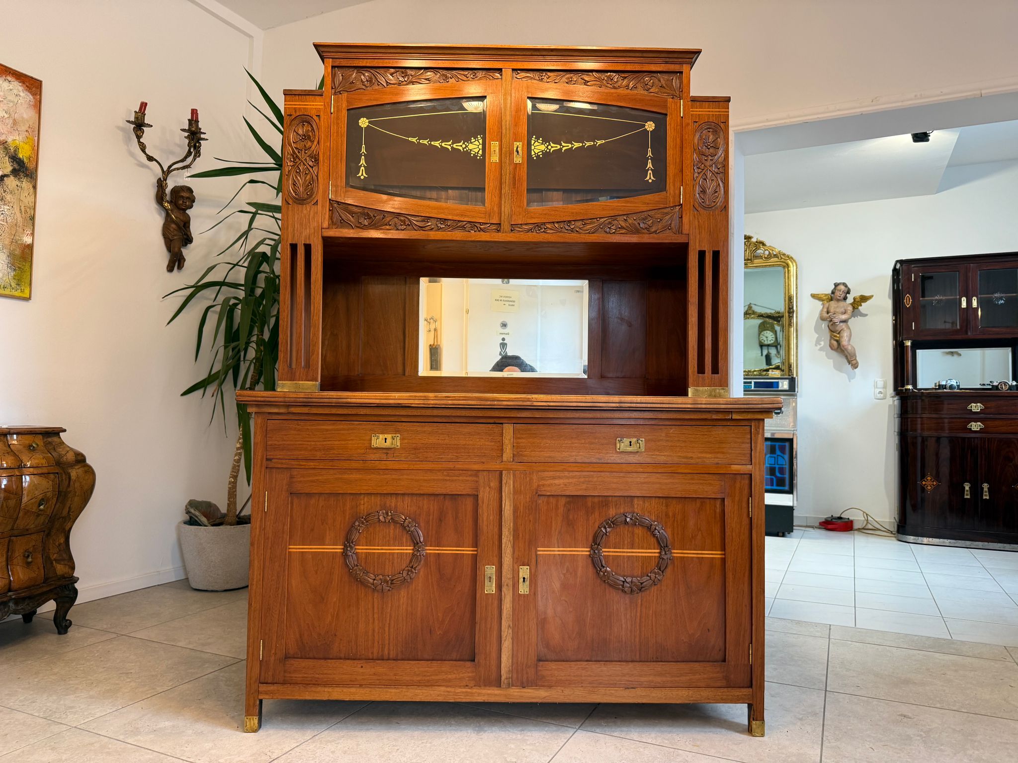 Elegantes Originales Jugendstil Designerbuffet Aufsatzbuffet Glasschrank D1188