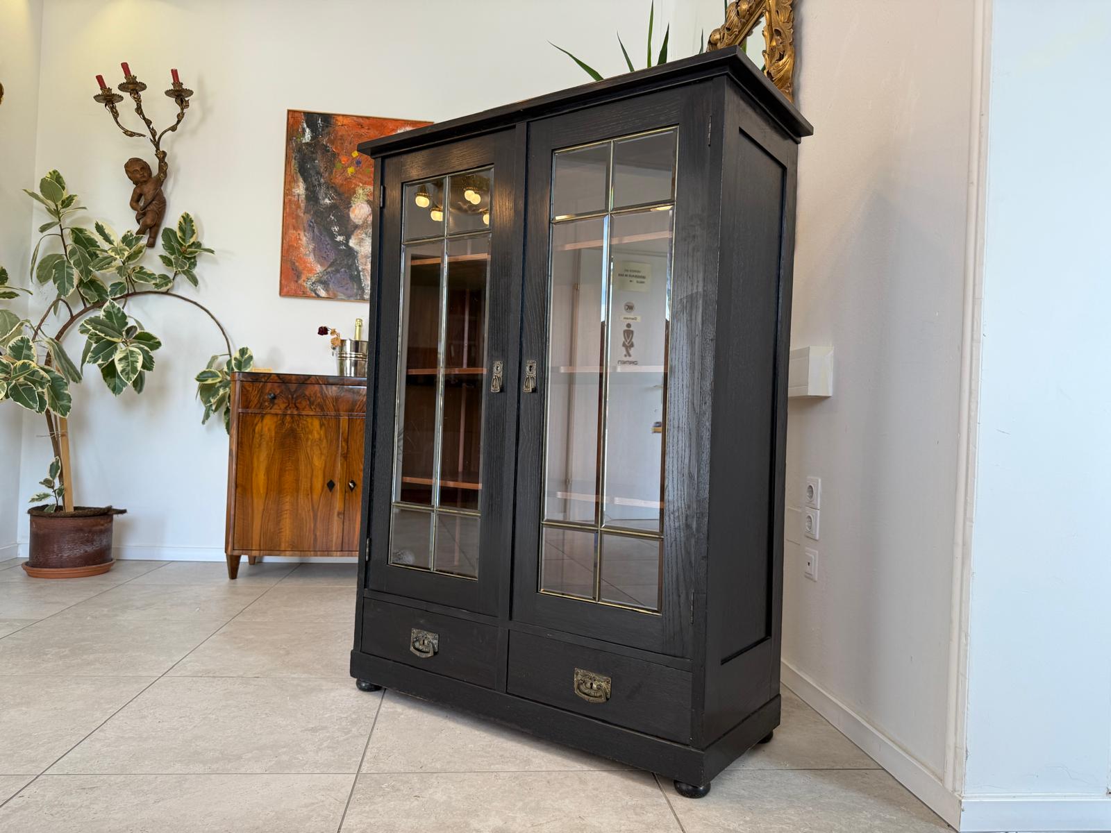 Original Jugendstil Vitrine Bücherschrank Vitrinenschrank Schwarz Antik G2060