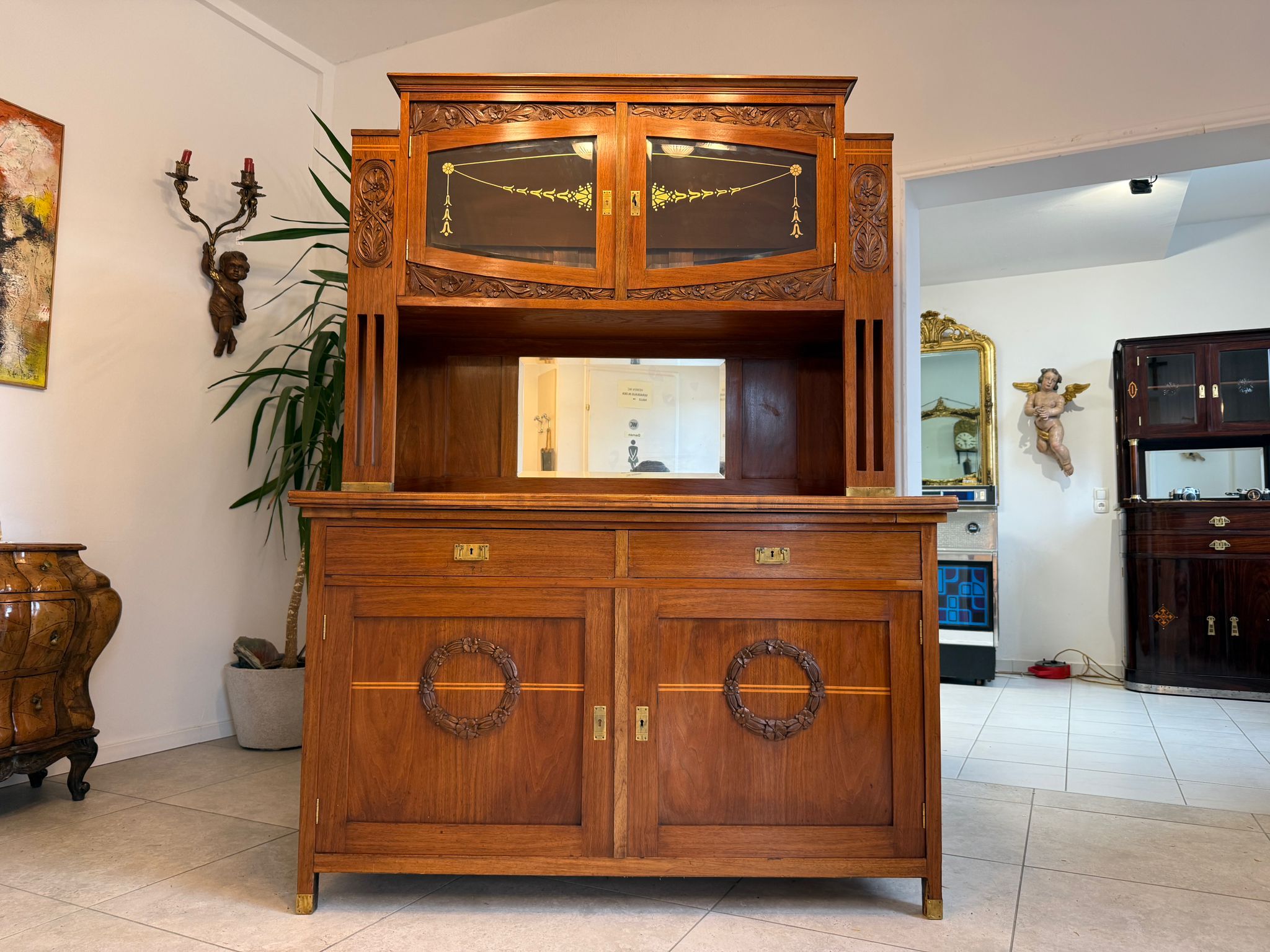 Elegantes Originales Jugendstil Designerbuffet Aufsatzbuffet Glasschrank D1188