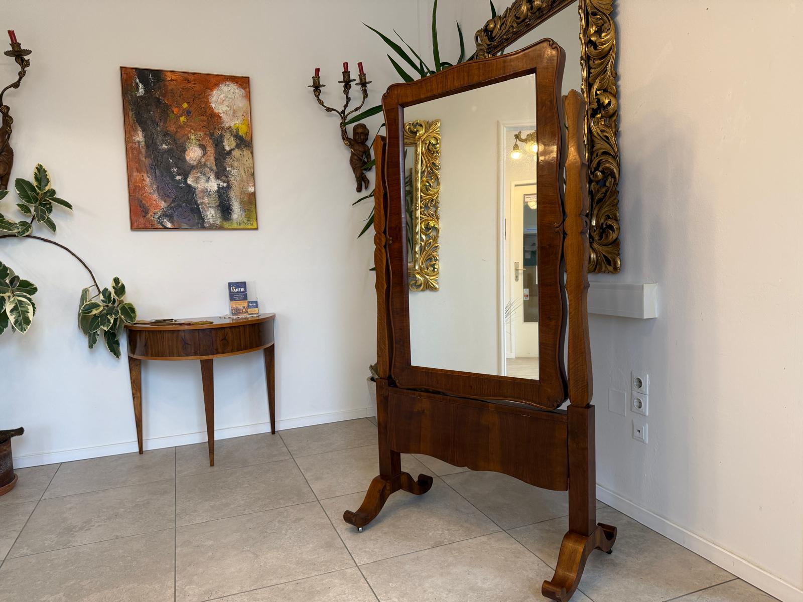 Restaurierter Biedermeier Schneiderspiegel  Nussholz Furniert Antiquität G2266