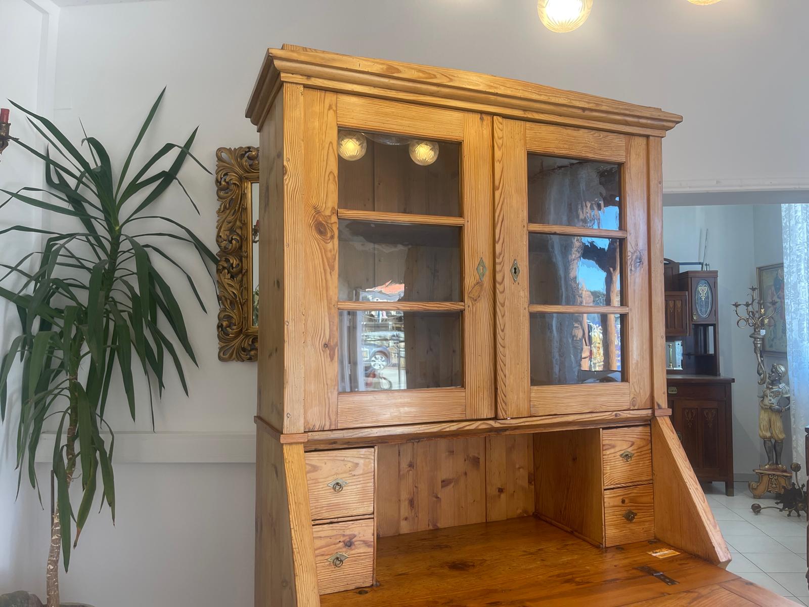 Bäuerlicher Barock Standsekretär Schreibtisch Glasschrank Sekretär Naturholz G1280