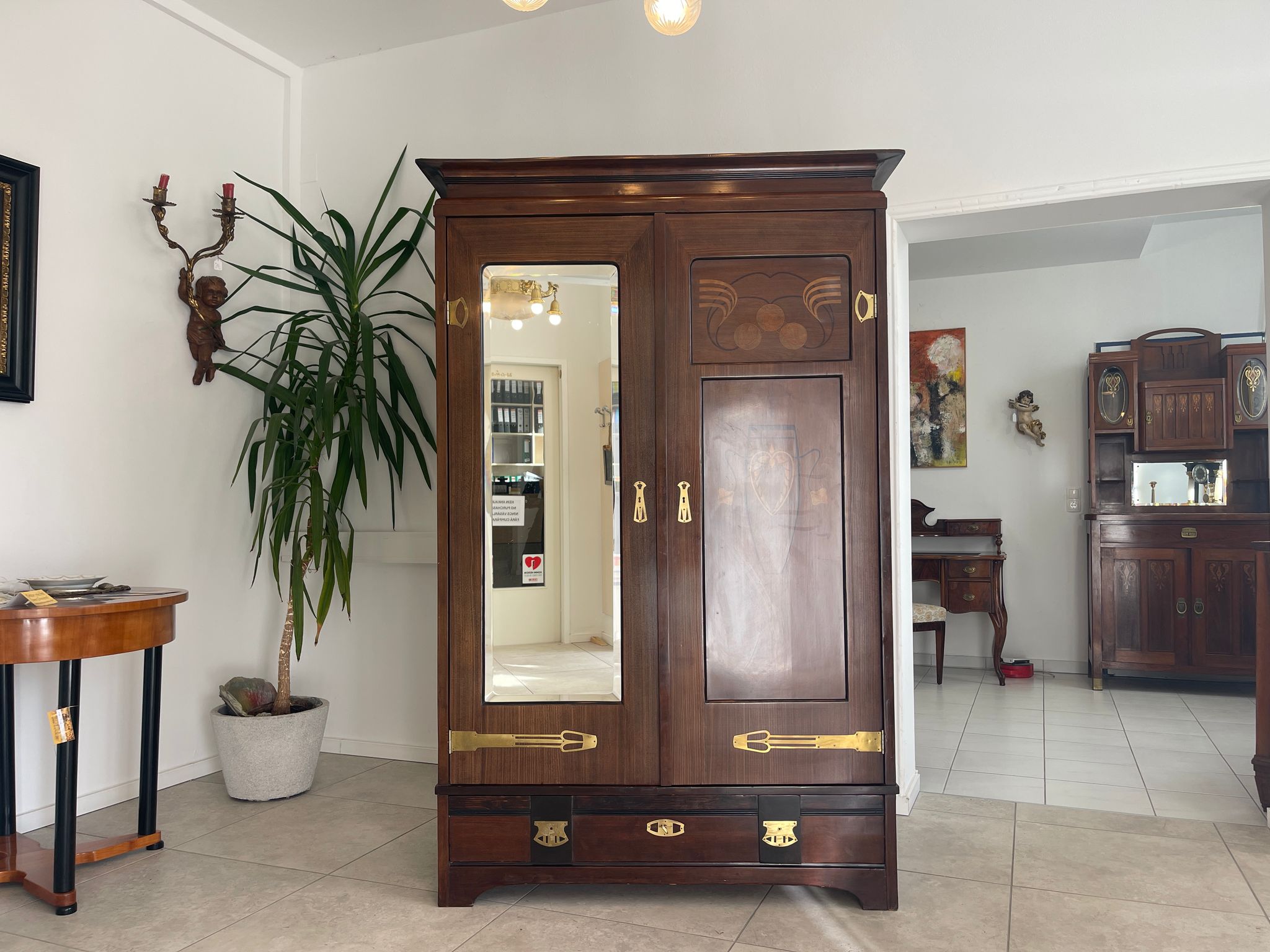 Traum Jugendstil Bücherschrank Spiegelschrank Marketiert Antiquität G1295