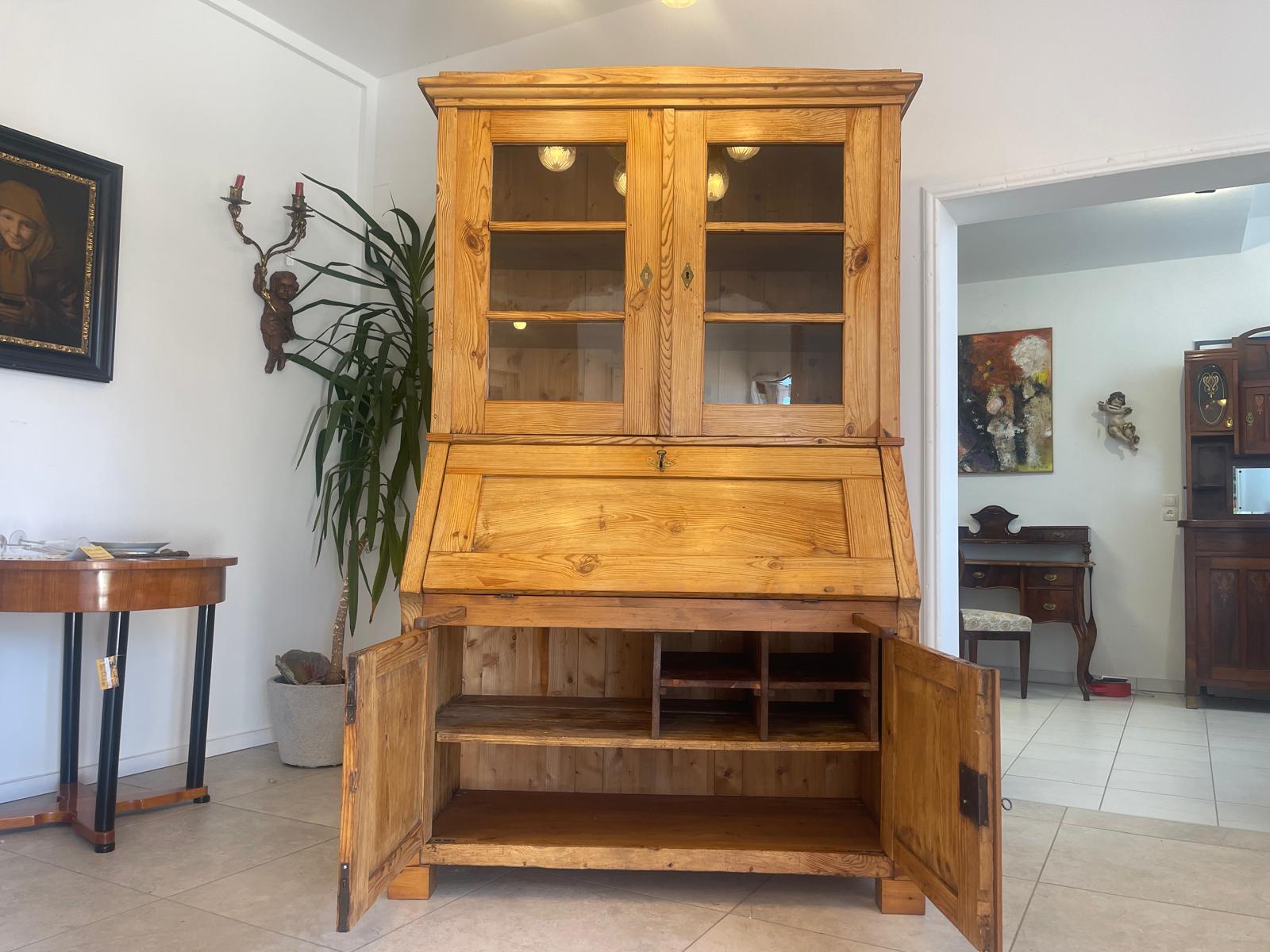 Bäuerlicher Barock Standsekretär Schreibtisch Glasschrank Sekretär Naturholz G1280