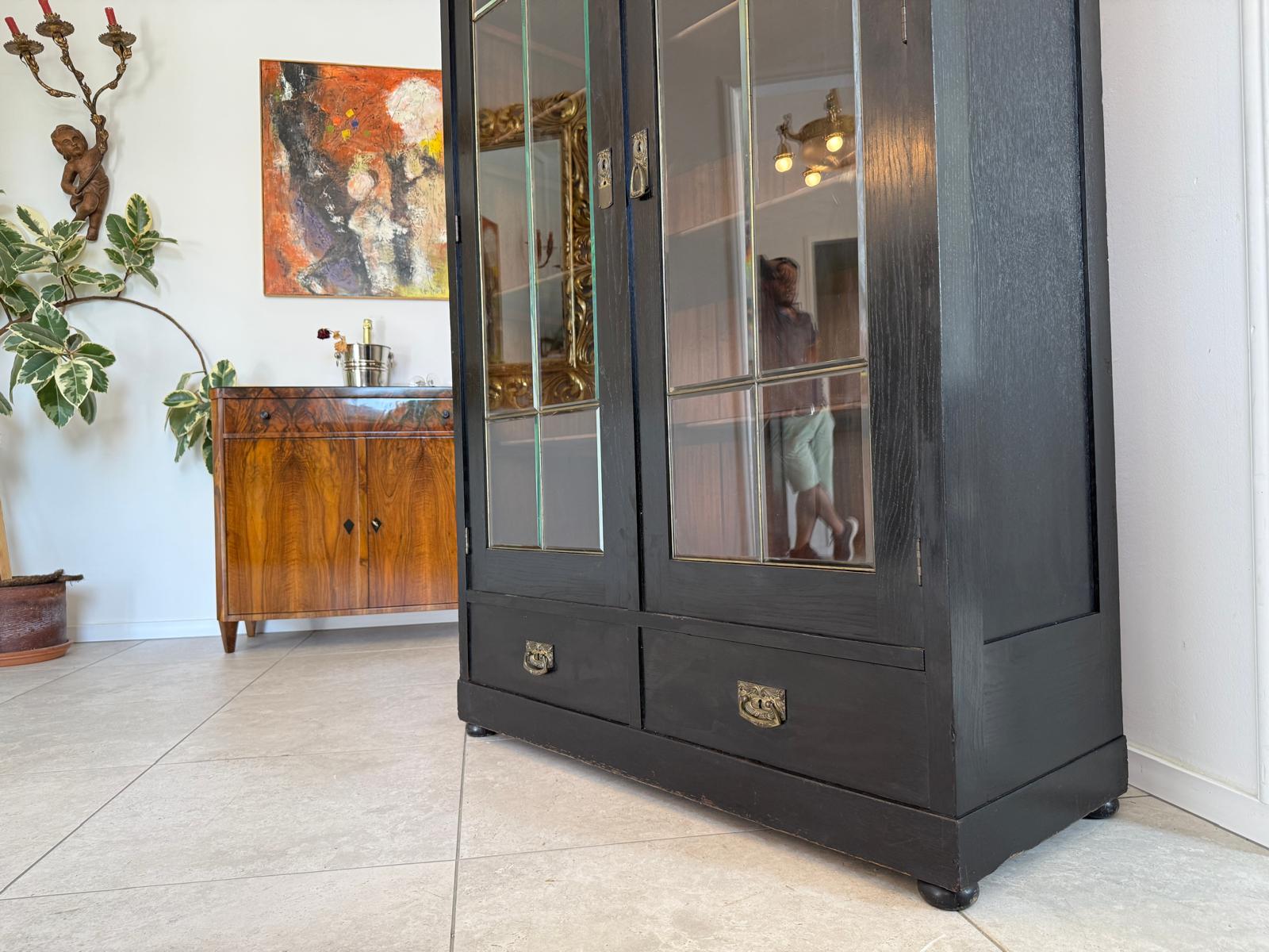 Original Jugendstil Vitrine Bücherschrank Vitrinenschrank Schwarz Antik G2059