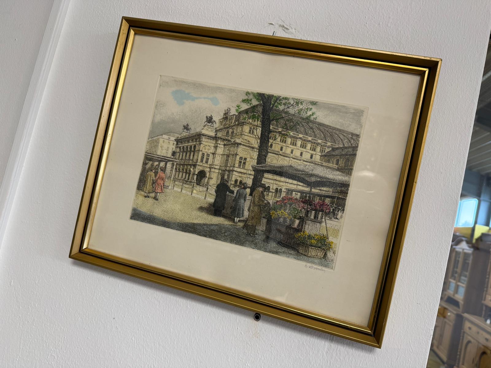 Stimmungsvolle Farblithografie mit Wiener Stadtmotiv Wiener Staatsoper D1122