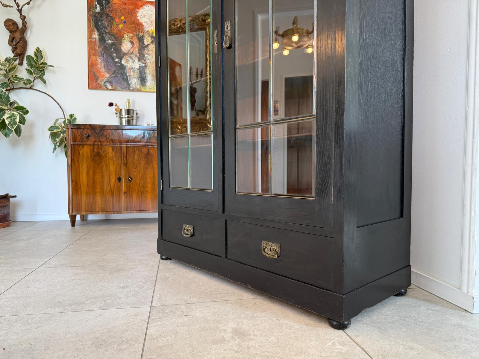 Original Jugendstil Vitrine Bücherschrank Vitrinenschrank Schwarz Antik G2059