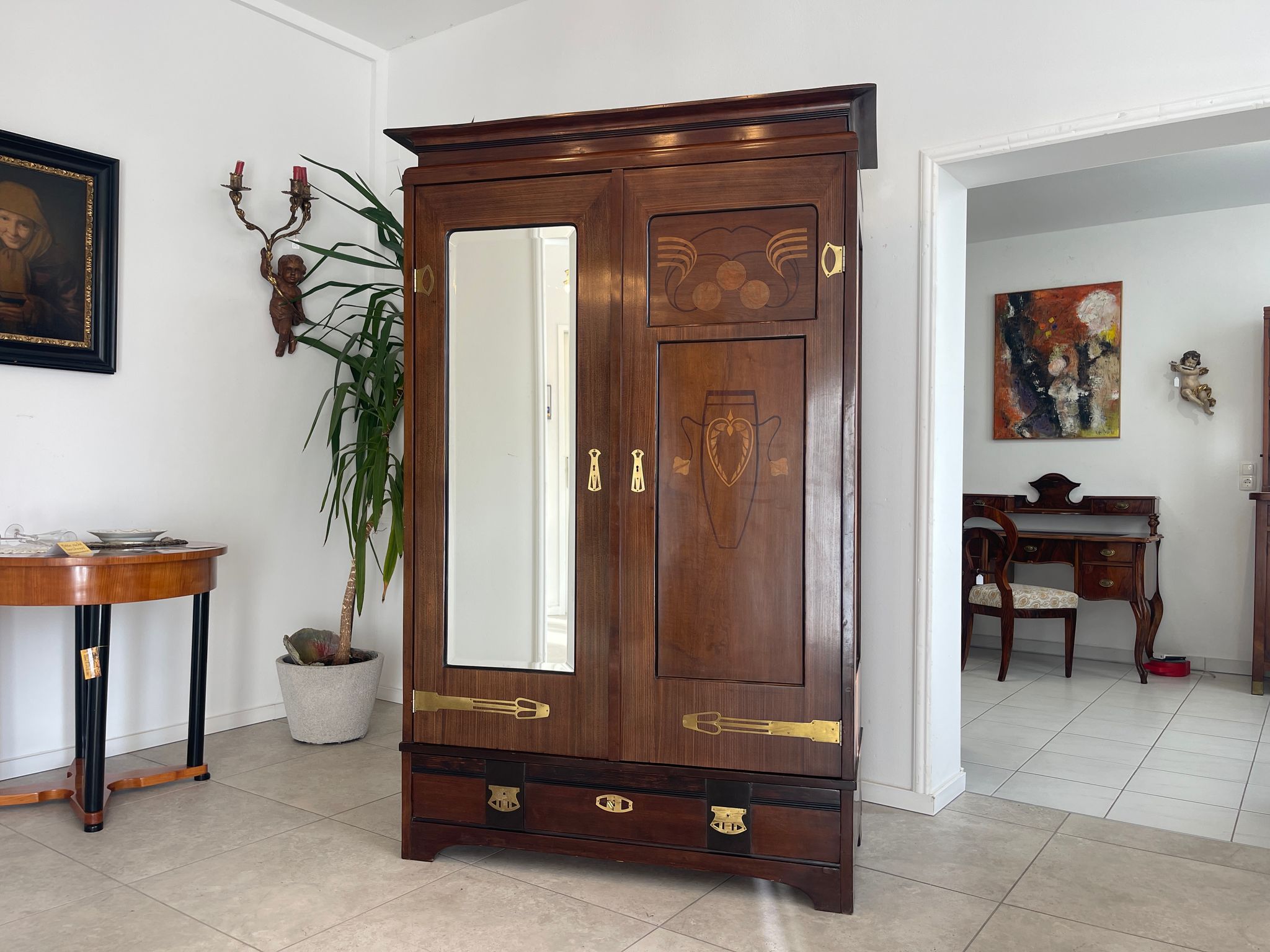 Traum Jugendstil Bücherschrank Spiegelschrank Marketiert Antiquität G1295